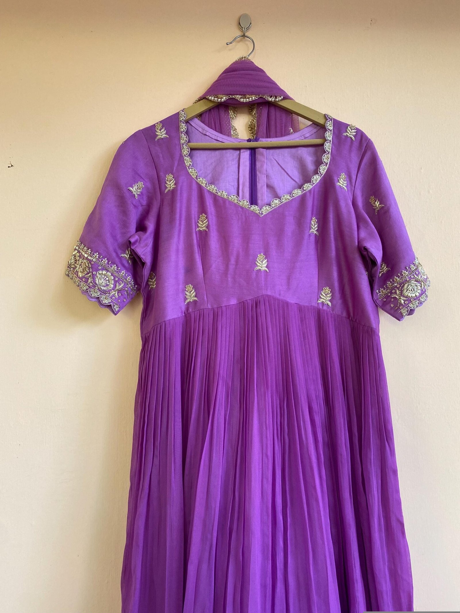 Hand Embroidered Lavender Anarkali Dress: Silk Indian Gown with Dupatta