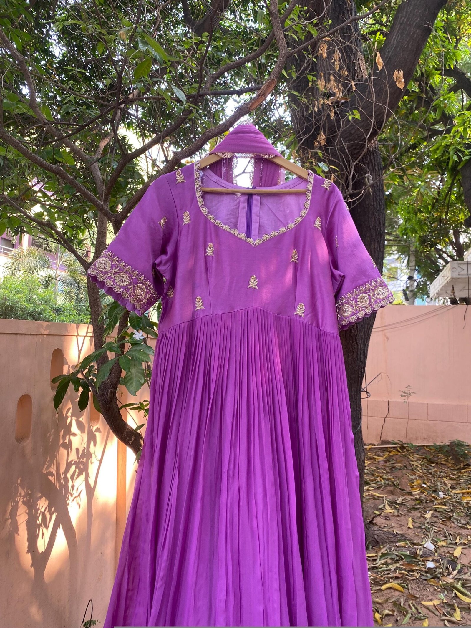 Hand Embroidered Lavender Anarkali Dress: Silk Indian Gown with Dupatta