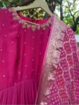 Hand-Embroidered Pink Anarkali Suit: Banarasi Bandhani Dupatta,light pink anarkali dress,anarkali with dupatta,pink anarkali bandhani dupatt