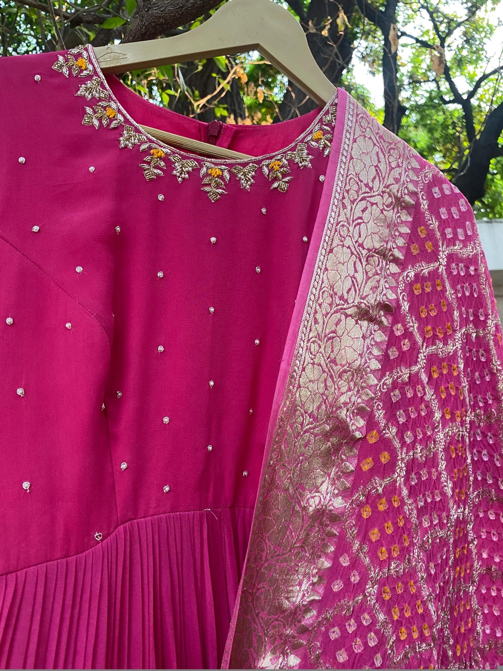 Hand-Embroidered Pink Anarkali Suit: Banarasi Bandhani Dupatta,light pink anarkali dress,anarkali with dupatta,pink anarkali bandhani dupatt