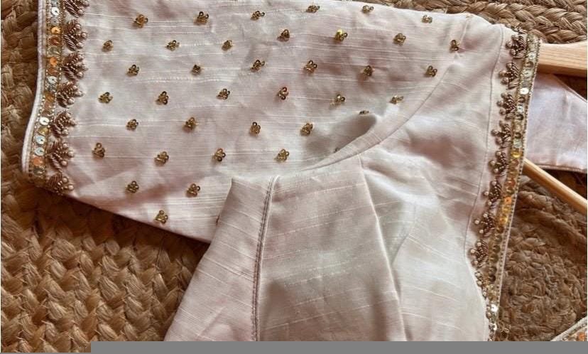 Hand Embroidered Silk Saree Blouse: Cream Zardosi Maggam Blouse