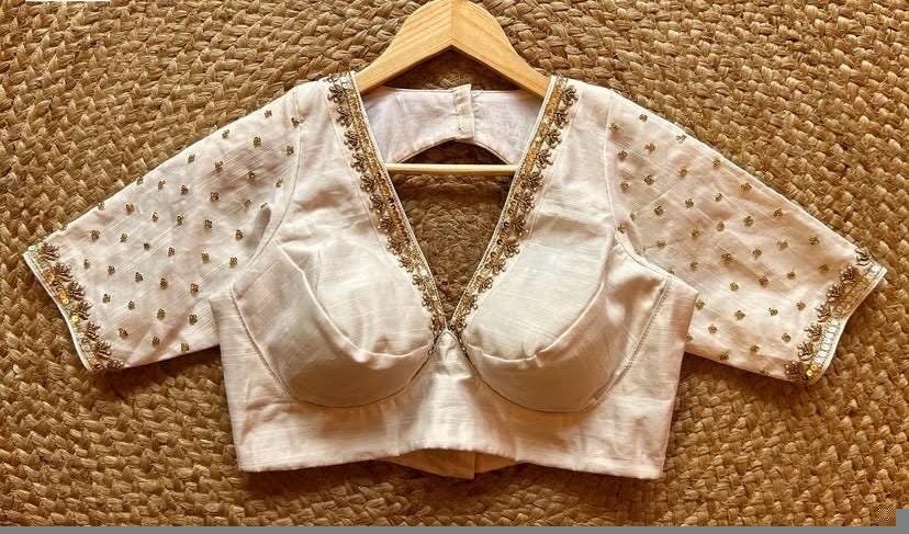 Hand Embroidered Silk Saree Blouse: Cream Zardosi Maggam Blouse
