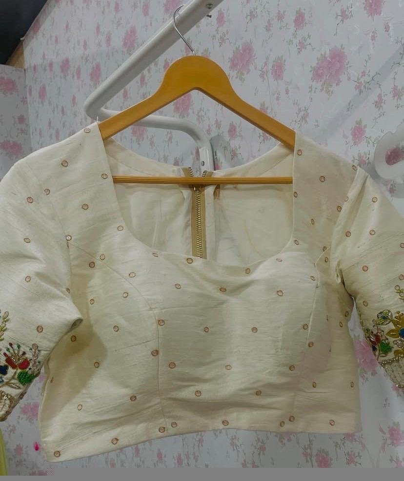 Hand Embroidered Cream Silk Blouse: Zardosi Maggam Work,cream maggam blouse,multicolor blouse,plus size blouse,handwork blouse,beige blouse