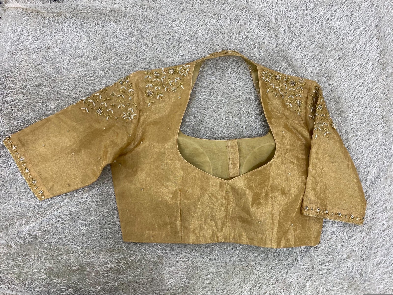 Hand Embroidered Pure Silk Saree Blouse: Gold Zardosi Maggam