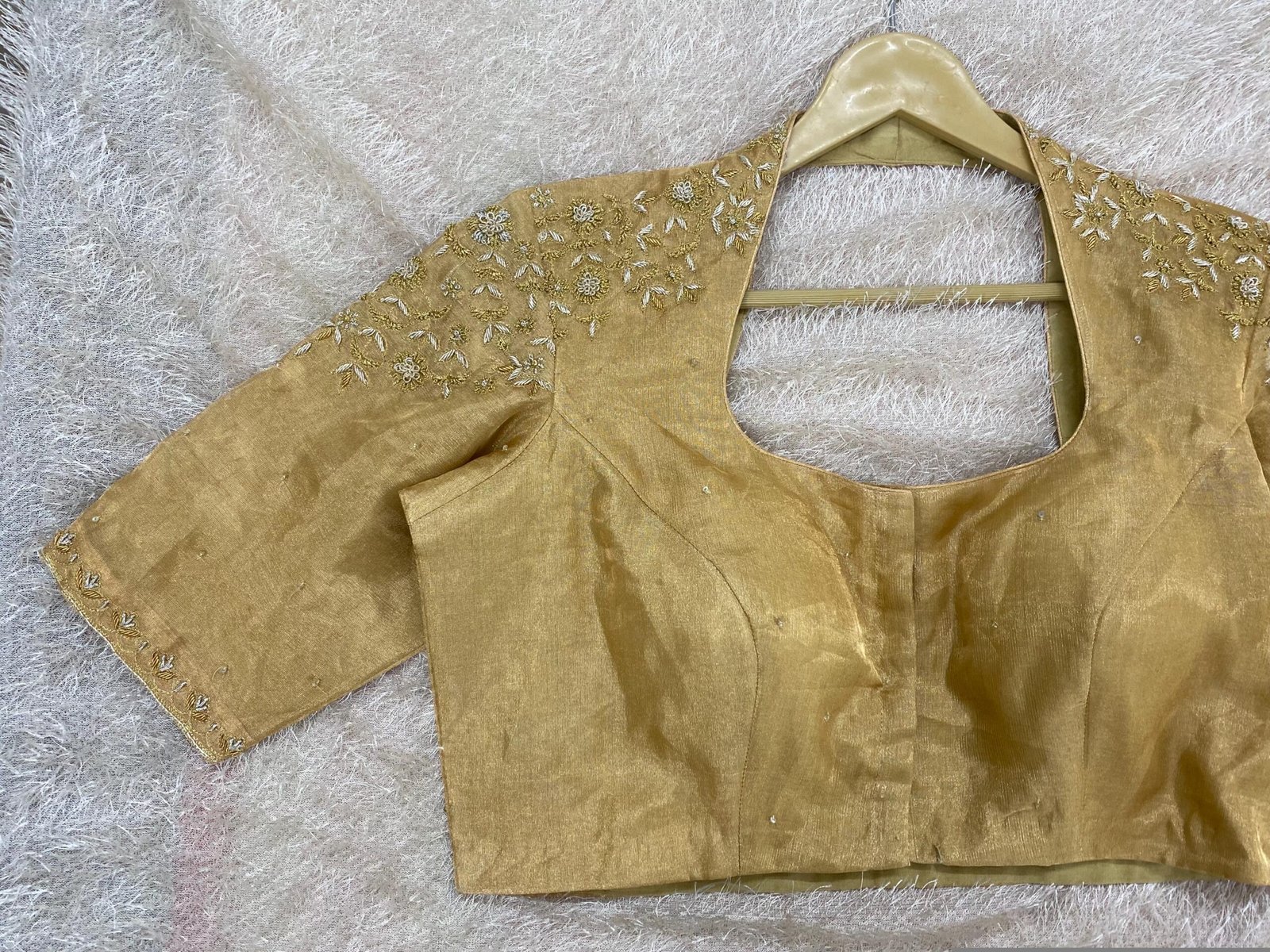 Hand Embroidered Pure Silk Saree Blouse: Gold Zardosi Maggam