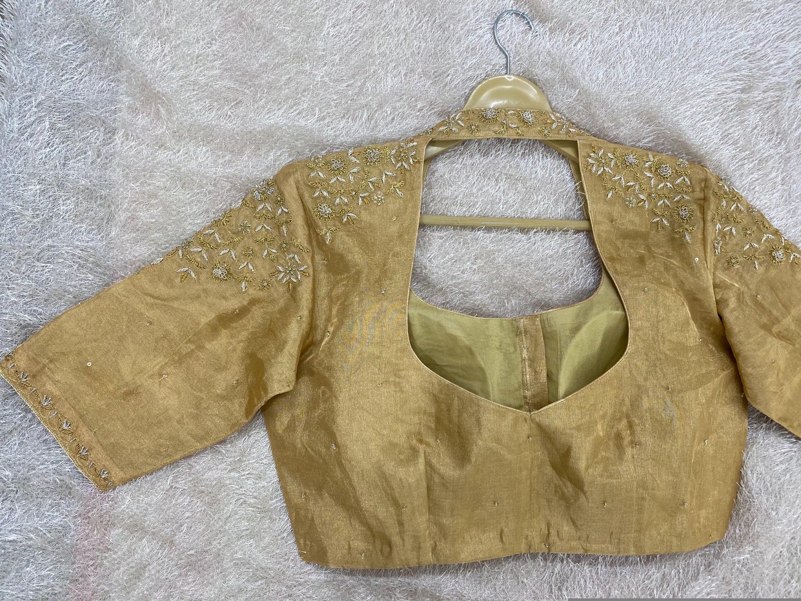 Hand Embroidered Pure Silk Saree Blouse: Gold Zardosi Maggam