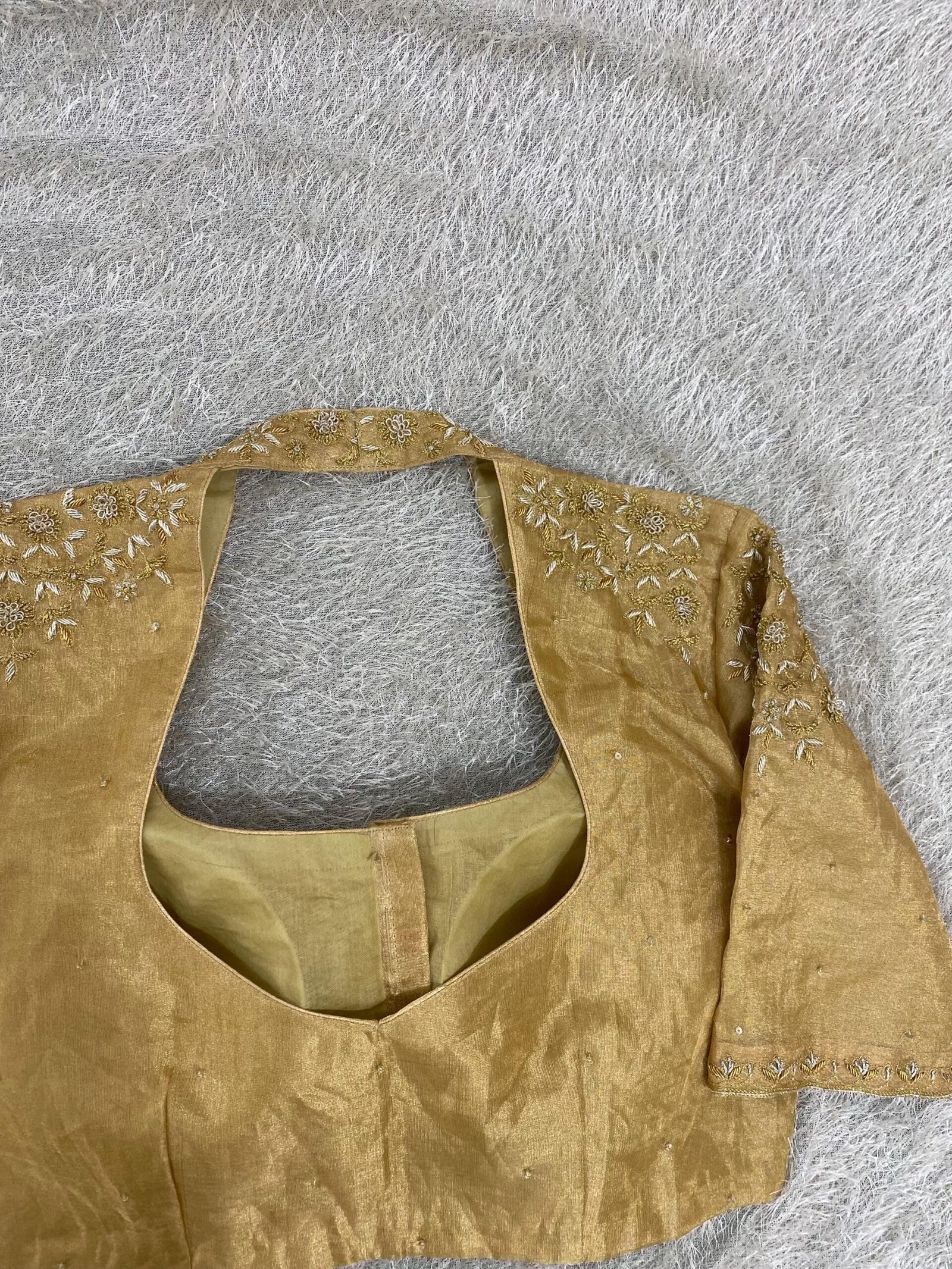 Hand Embroidered Pure Silk Saree Blouse: Gold Zardosi Maggam