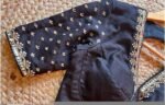Hand Embroidered Black Silk Saree Blouse: Zardosi Maggam Work