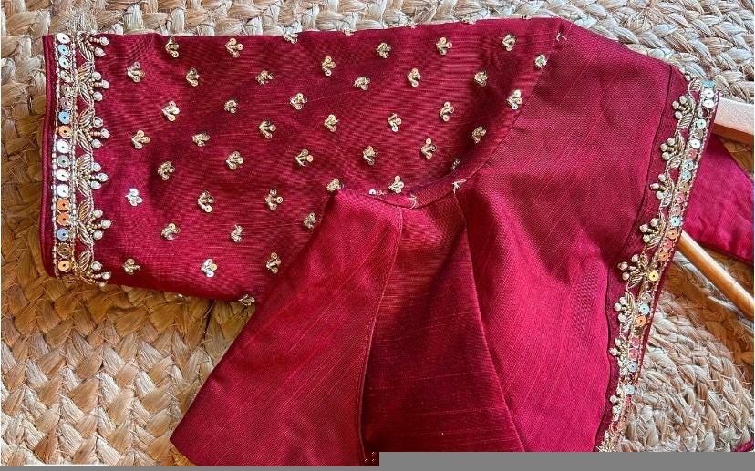 Hand Embroidered Silk Saree Blouse: Red Zardosi Maggam Blouse