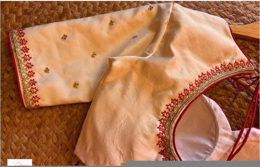 Cream Silk Saree Blouse: Hand Embroidered Zardosi Maggam, Elbow Sleeve