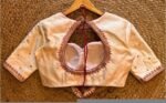 Cream Silk Saree Blouse: Hand Embroidered Zardosi Maggam, Elbow Sleeve
