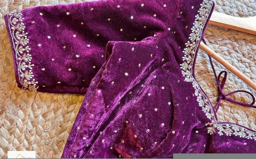 Magenta Velvet Saree Blouse: Hand Embroidered Zardosi Maggam Work