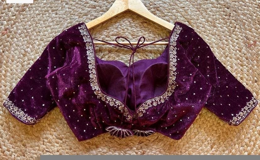 Magenta Velvet Saree Blouse: Hand Embroidered Zardosi Maggam Work
