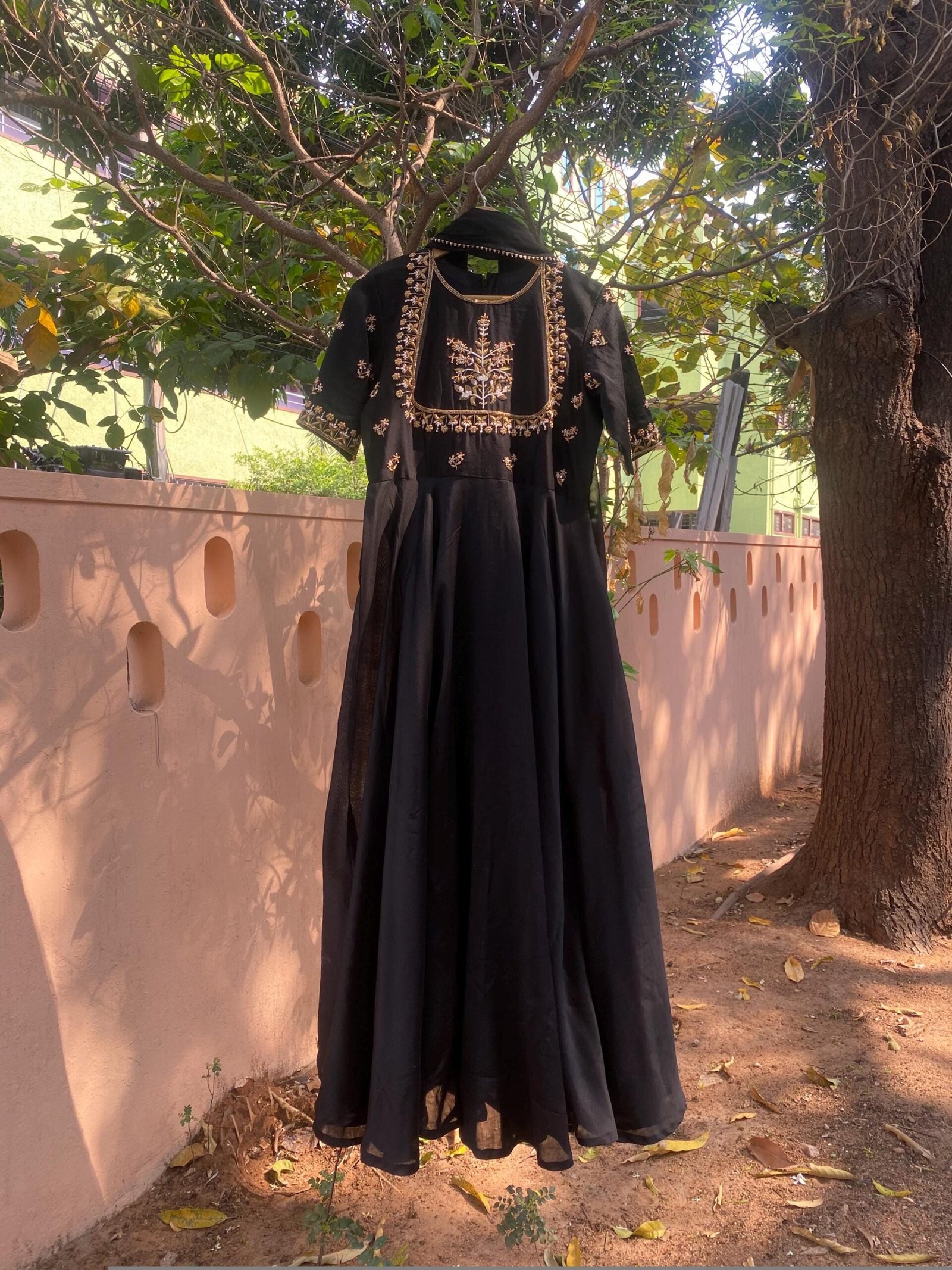 Hand Embroidered Black Anarkali Suit: Silk Chanderi Dress with Dupatta