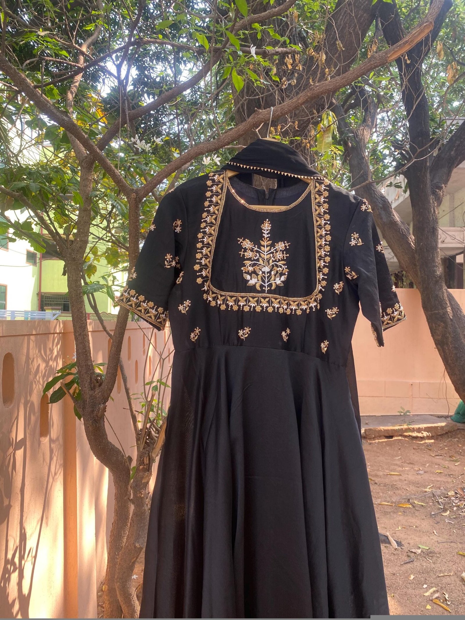 Hand Embroidered Black Anarkali Suit: Silk Chanderi Dress with Dupatta
