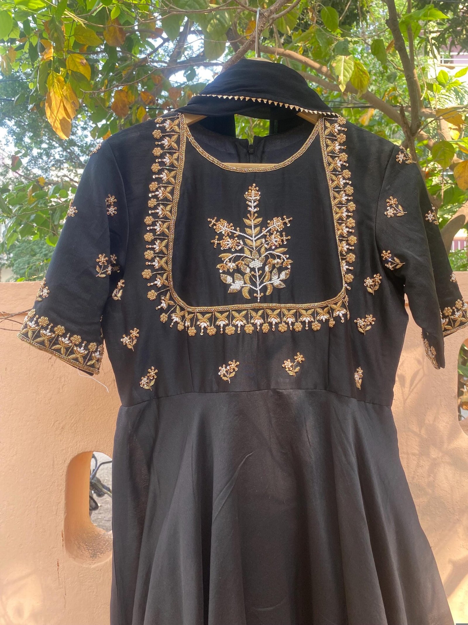 Hand Embroidered Black Anarkali Suit: Silk Chanderi Dress with Dupatta