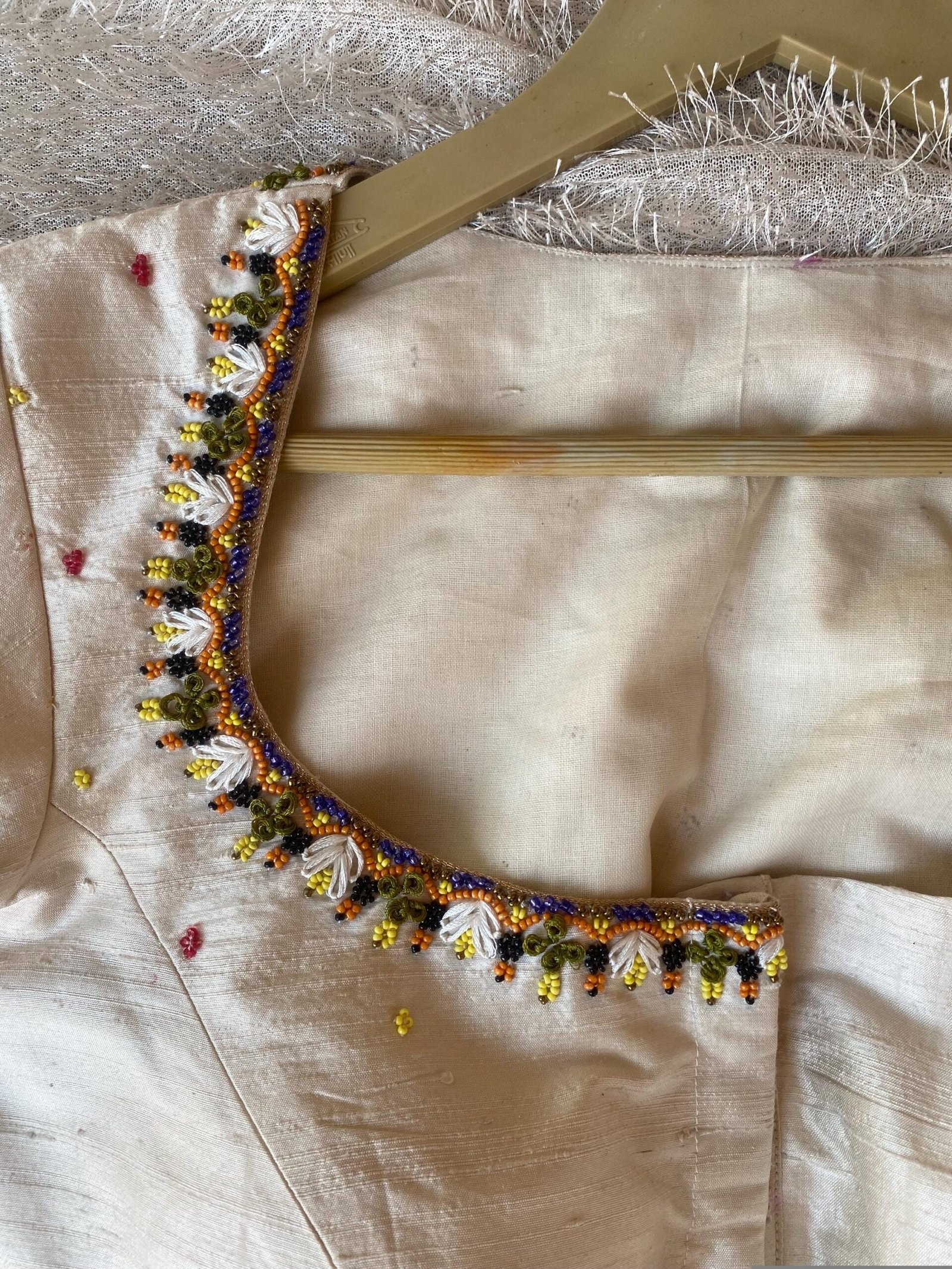 Cream Silk Hand Embroidered Blouse: Zardosi Maggam Work