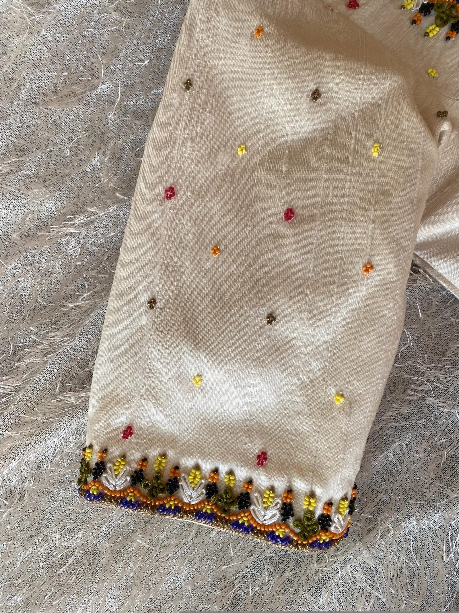 Cream Silk Hand Embroidered Blouse: Zardosi Maggam Work