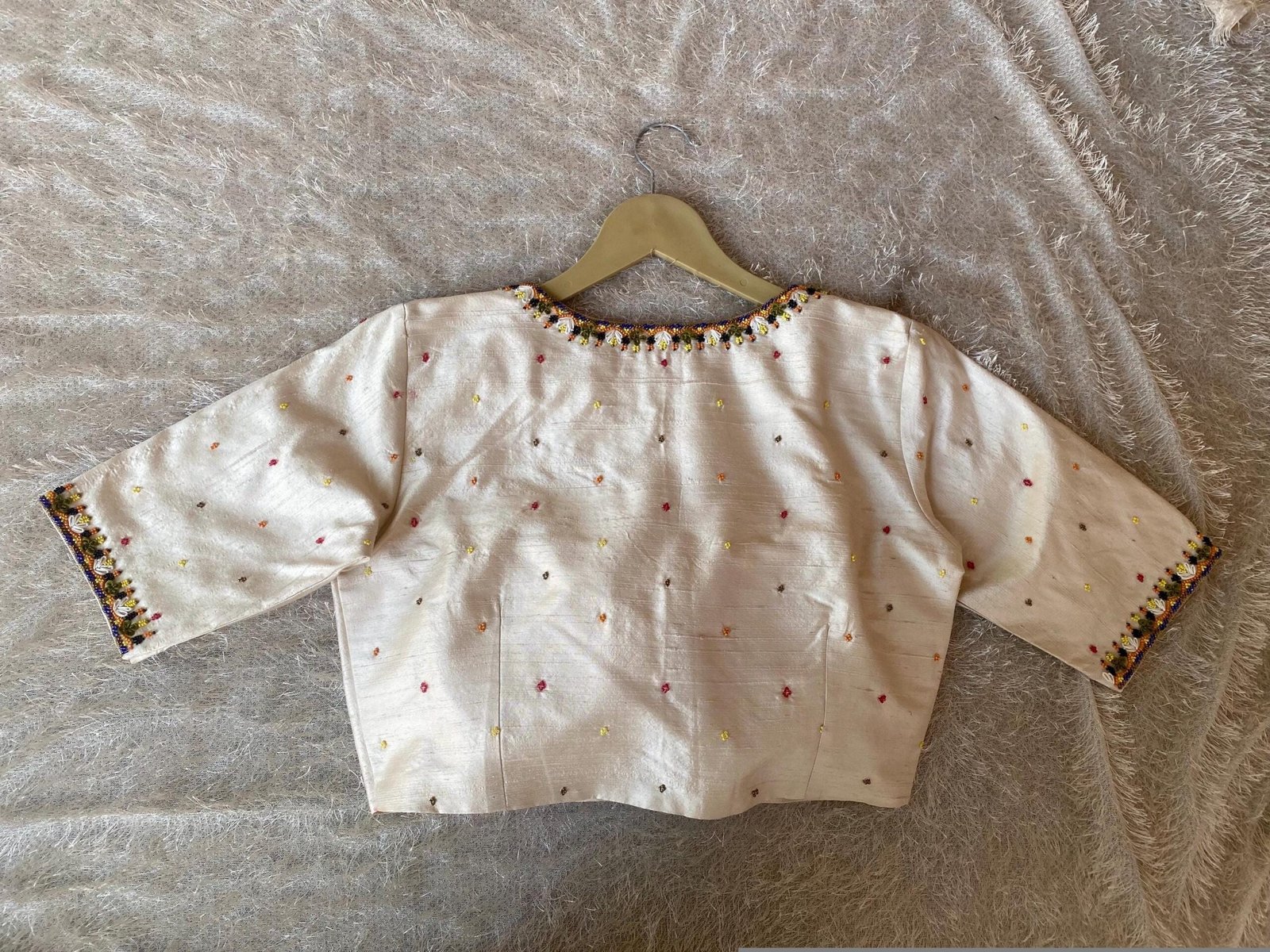 Cream Silk Hand Embroidered Blouse: Zardosi Maggam Work