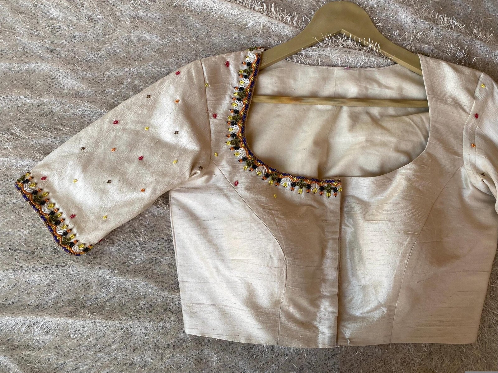 Cream Silk Hand Embroidered Blouse: Zardosi Maggam Work