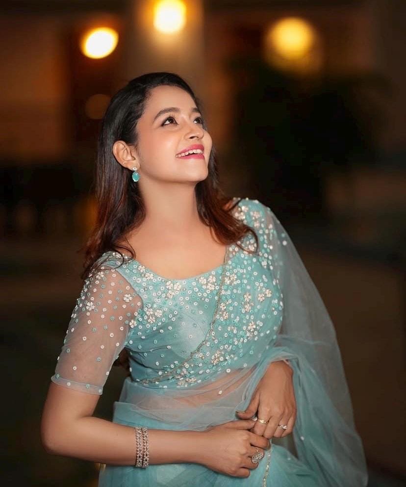 Blue Net Saree: Hand Embroidered Blouse, Modern Saree