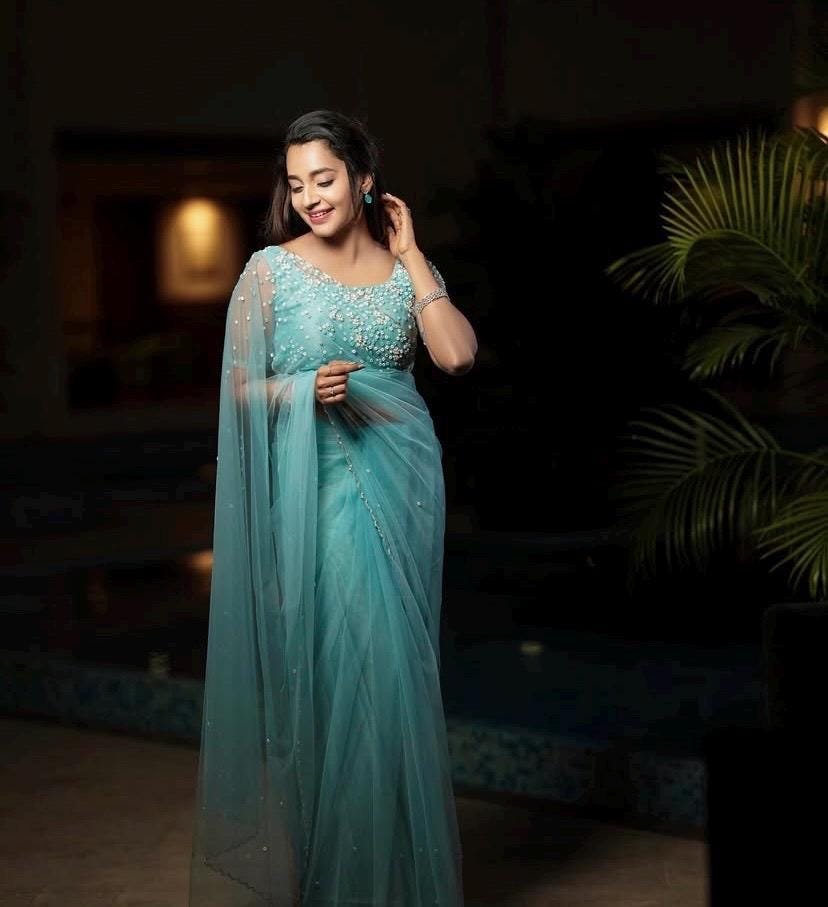 Blue Net Saree: Hand Embroidered Blouse, Modern Saree