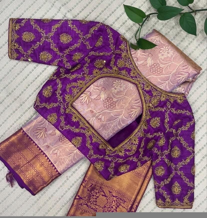 Purple Silk Saree Blouse: Hand Embroidered Zardosi Maggam