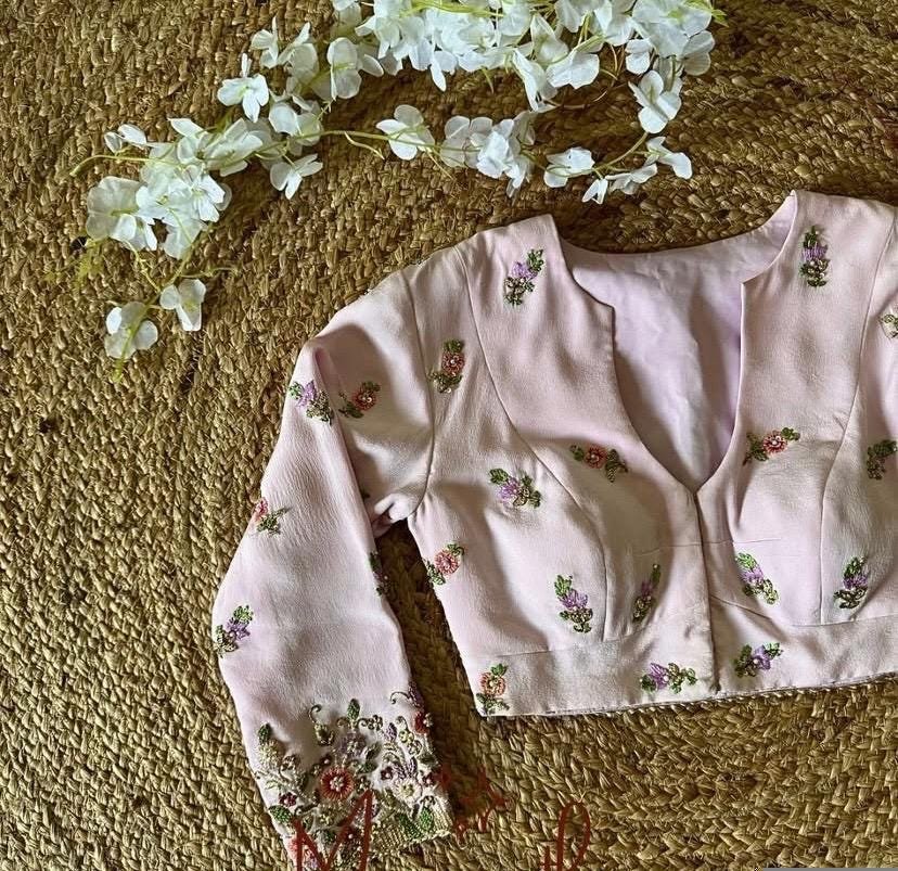Light Pink Zardosi Blouse: Georgette Silk Embroidered Saree Top