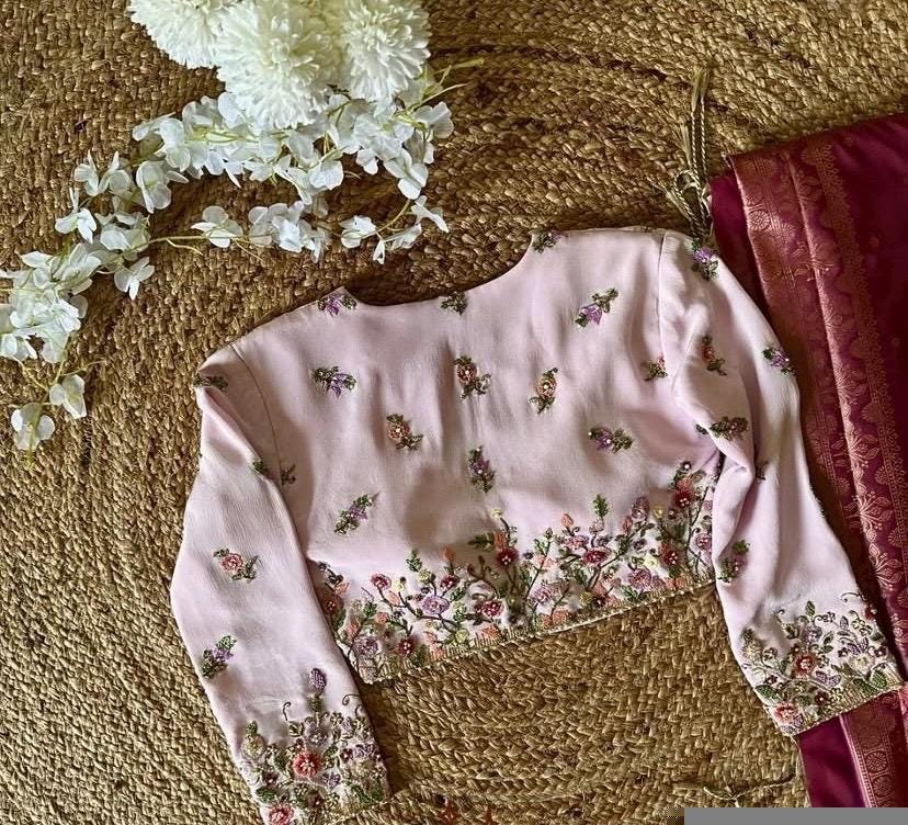 Light Pink Zardosi Blouse: Georgette Silk Embroidered Saree Top