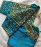 Hand Embroidered Silk Saree Blouse: Turquoise Blue Zardosi Maggam