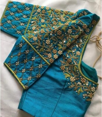 Hand Embroidered Silk Saree Blouse: Turquoise Blue Zardosi Maggam