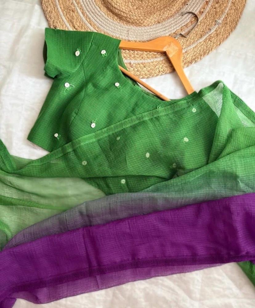 Ombre Kota Cotton Saree: Pink Orange with Embroidered Blouse,mix and match saree,pink saree blouse set,summer saree , light saree,dual shade