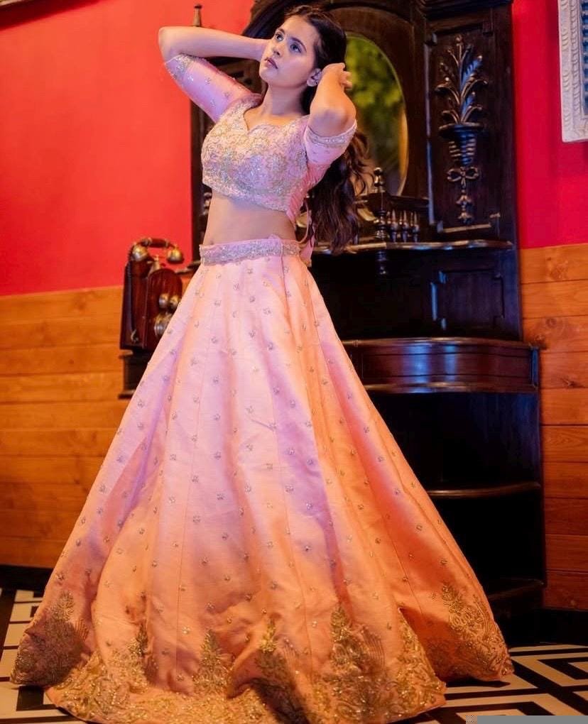 Pink Hand Embroidered Raw Silk Lehenga Set: Indian Bridal Crop Top,Indian wedding lehenga,bridal lehenga,pink reception lehenga,heavy leheng