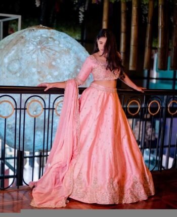 Pink Hand Embroidered Raw Silk Lehenga Set: Indian Bridal Crop Top,Indian wedding lehenga,bridal lehenga,pink reception lehenga,heavy leheng