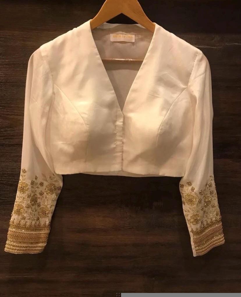 Hand Embroidered Cream Silk Saree Blouse: Zardosi Maggam Work
