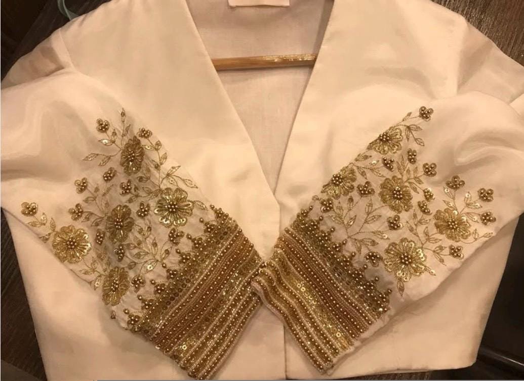 Hand Embroidered Cream Silk Saree Blouse: Zardosi Maggam Work