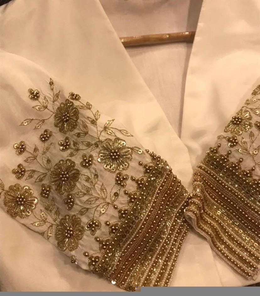 Hand Embroidered Cream Silk Saree Blouse: Zardosi Maggam Work