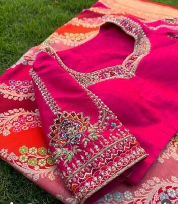 Hand Embroidered Silk Saree Blouse: Pink Zardosi Maggam Work