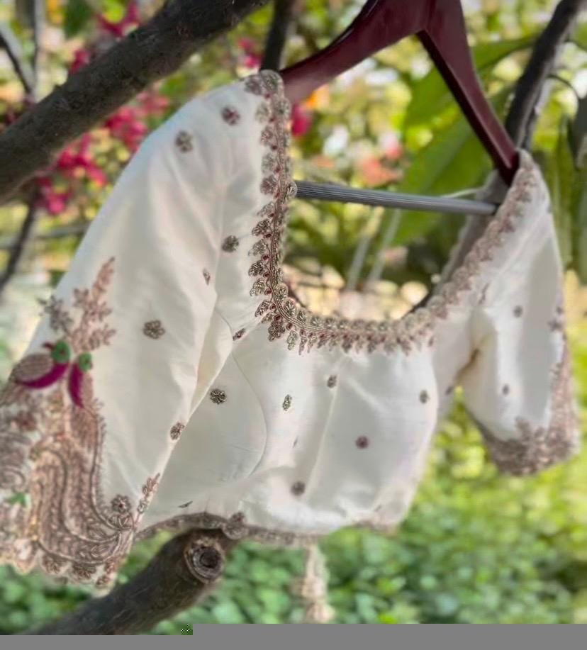 Hand Embroidered Silk Saree Blouse: Cream Zardosi Maggam Work,mix and match blouse,handwork blouse,off white blouse,plus size blouse,maggam