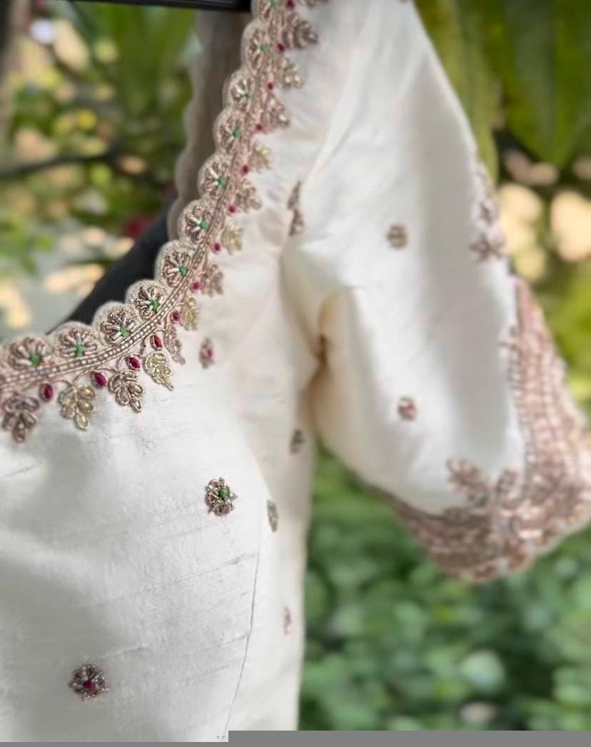 Hand Embroidered Silk Saree Blouse: Cream Zardosi Maggam Work,mix and match blouse,handwork blouse,off white blouse,plus size blouse,maggam