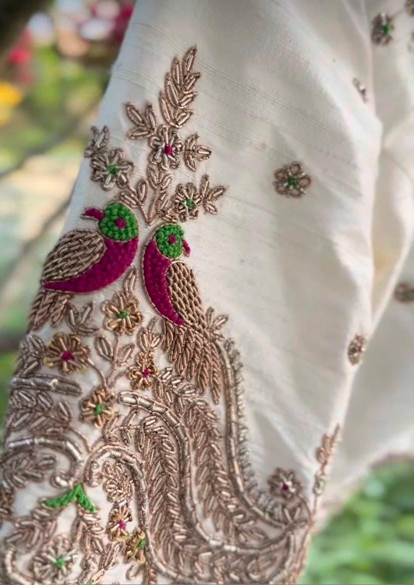 Hand Embroidered Silk Saree Blouse: Cream Zardosi Maggam Work,mix and match blouse,handwork blouse,off white blouse,plus size blouse,maggam