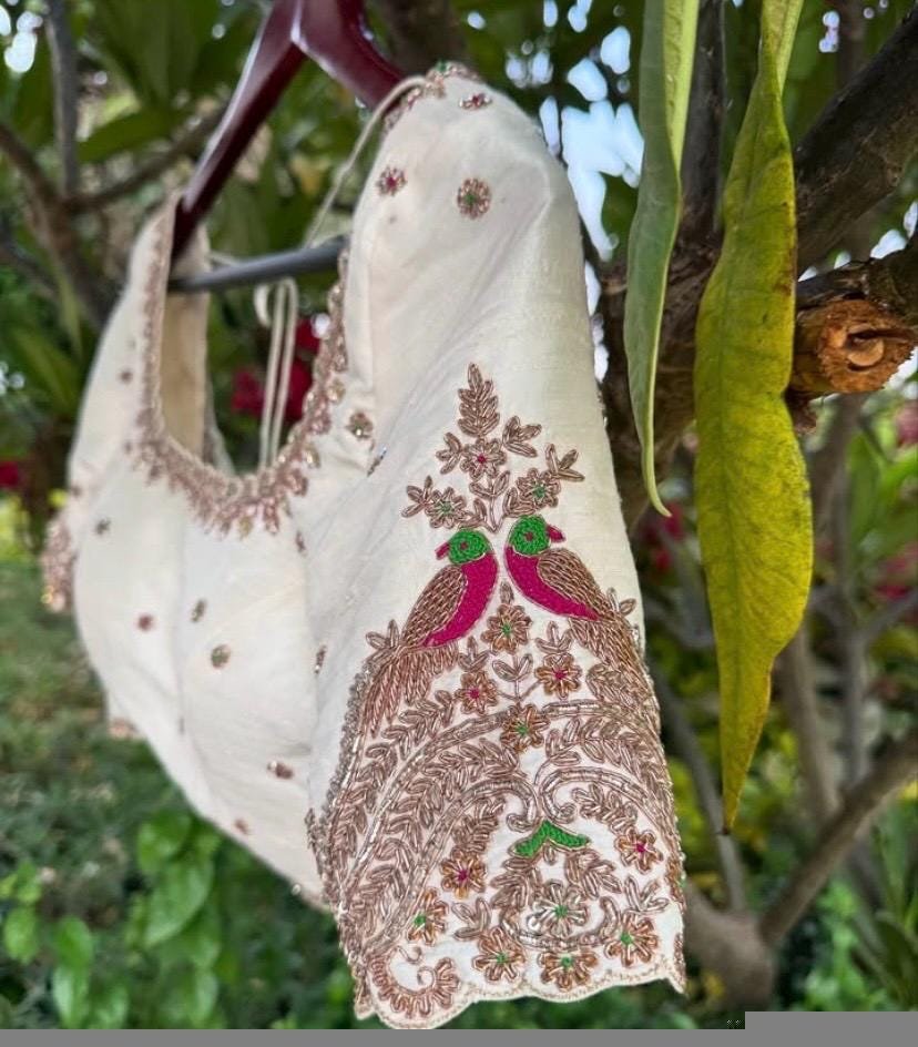 Hand Embroidered Silk Saree Blouse: Cream Zardosi Maggam Work,mix and match blouse,handwork blouse,off white blouse,plus size blouse,maggam