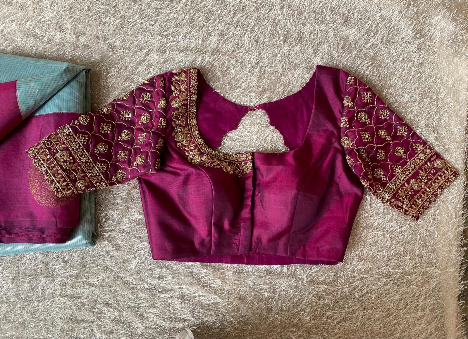 Hand Embroidered Pure Silk Blouse: Purple Zardosi Maggam Work
