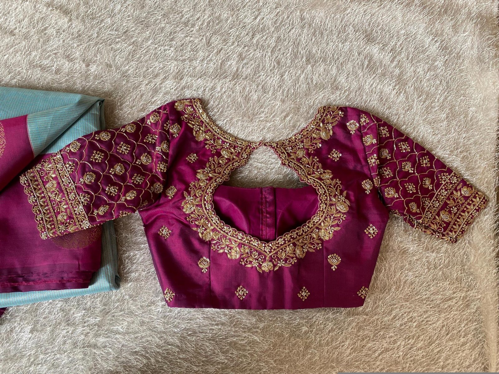 Hand Embroidered Pure Silk Blouse: Purple Zardosi Maggam Work