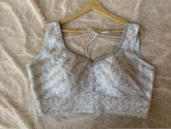 Hand Embroidered Silk Saree Blouse: Silver Zardosi Crop Top