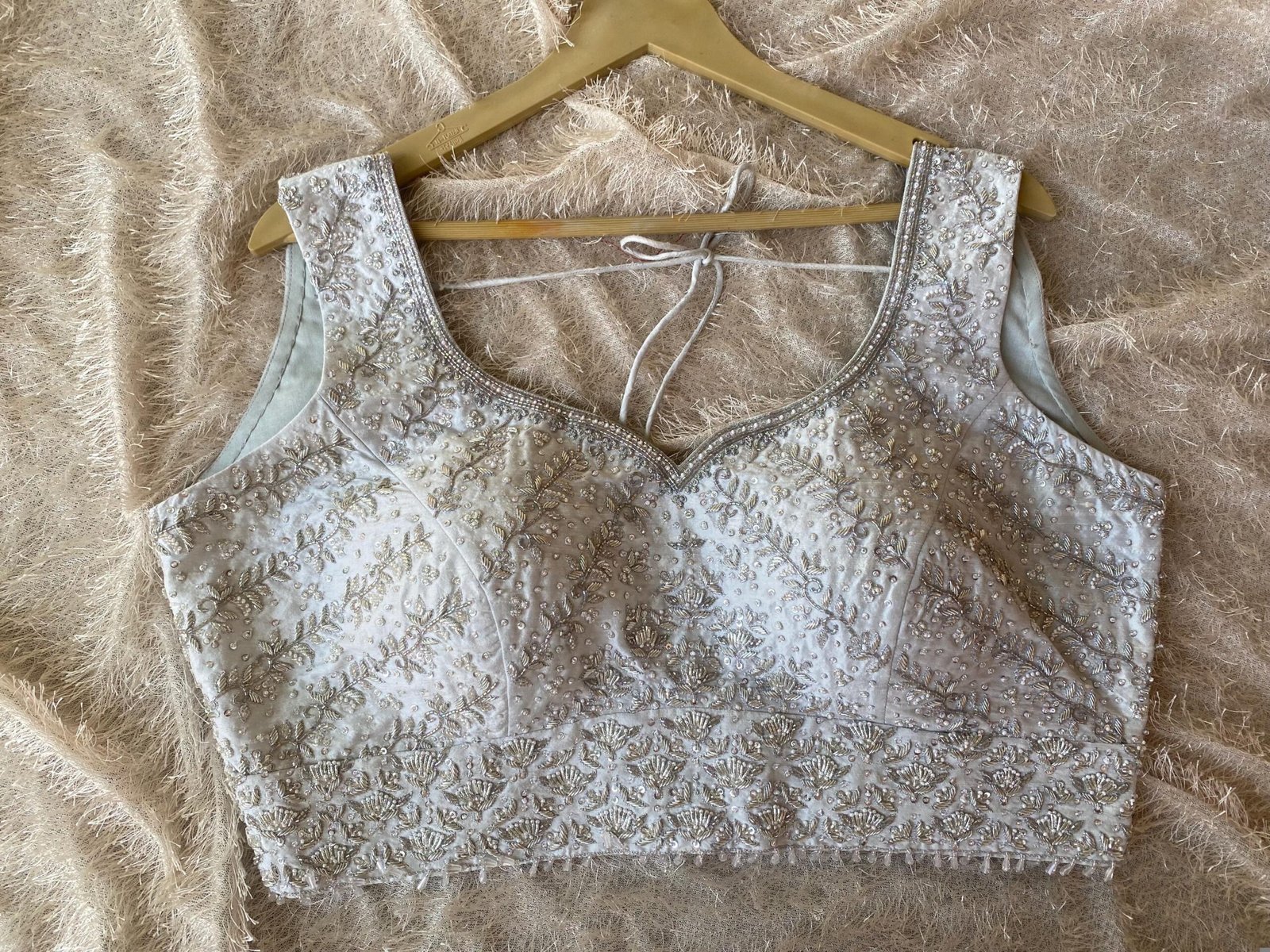 Hand Embroidered Silk Saree Blouse: Silver Zardosi Crop Top