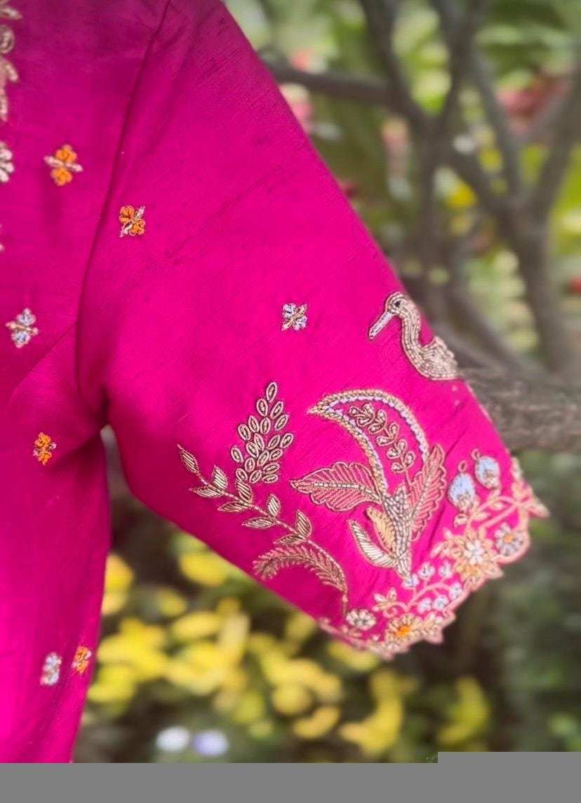 Pink Silk Saree Blouse: Hand Embroidered Zardosi Crop Top