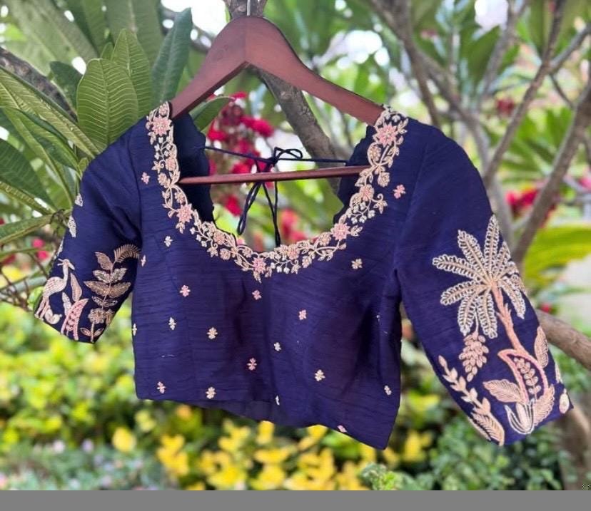 Blue Silk Hand Embroidered Blouse: Zardosi Maggam Work
