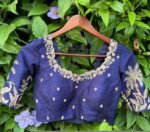 Blue Silk Hand Embroidered Blouse: Zardosi Maggam Work