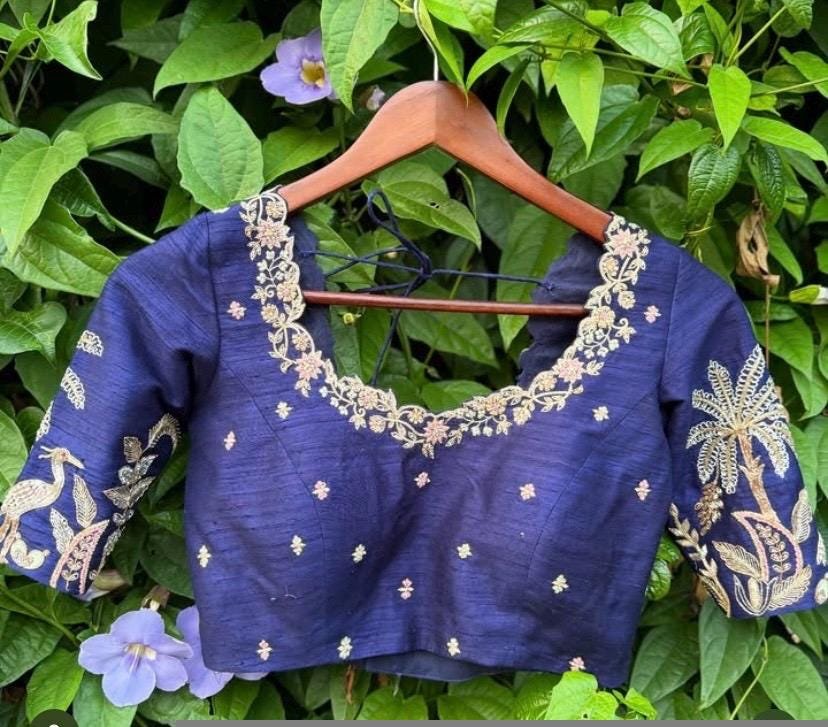 Blue Silk Hand Embroidered Blouse: Zardosi Maggam Work